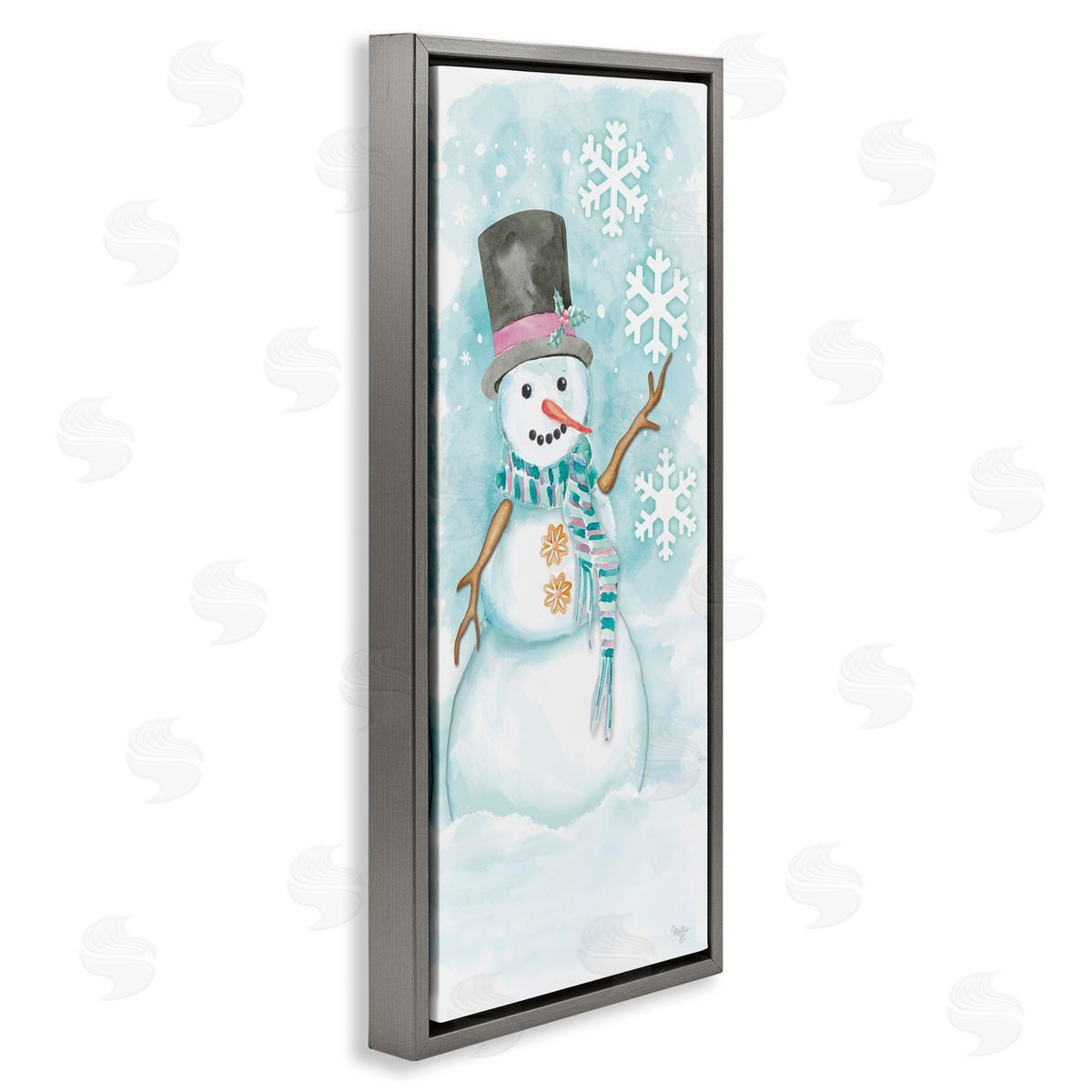 Waving Snowman Greeting Grey Floating Frame Canvas Wall Art, Home Decor by Mollie B.