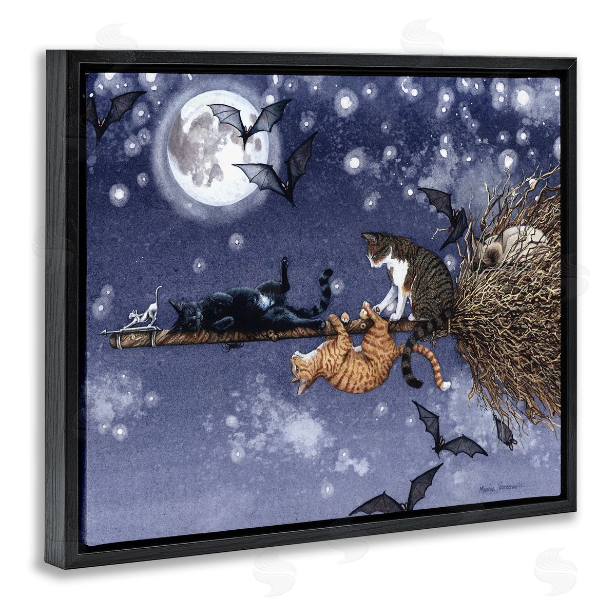 Joyriding Cats on Broom Black Floating Frame Canvas Wall Art, Home Decor by Maggie Vandewalle