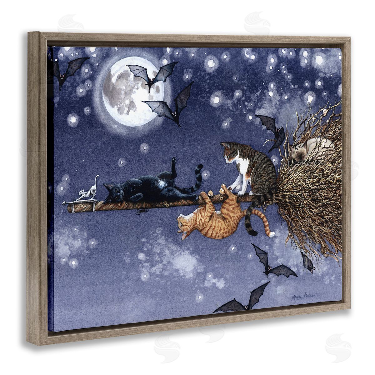 Joyriding Cats on Broom Brown Floating Frame Canvas Wall Art, Home Decor by Maggie Vandewalle