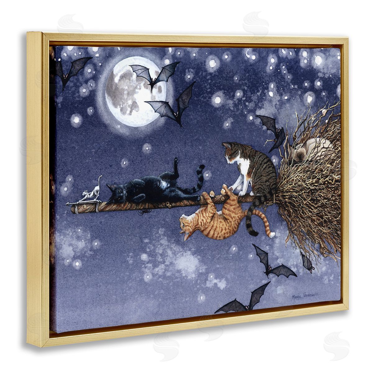 Joyriding Cats on Broom Gold Floating Frame Canvas Wall Art, Home Decor by Maggie Vandewalle