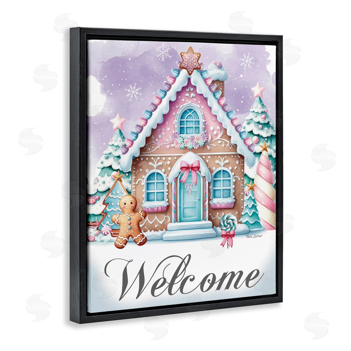 Welcome Gingerbread House Black Floating Frame Canvas Wall Art, Home Decor by Nicole DeCamp