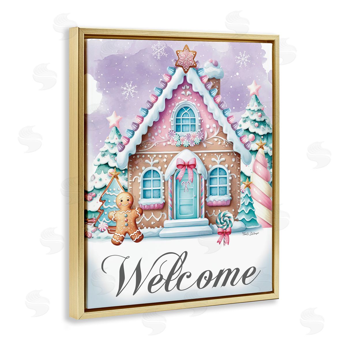 Welcome Gingerbread House Gold Floating Frame Canvas Wall Art, Home Decor by Nicole DeCamp
