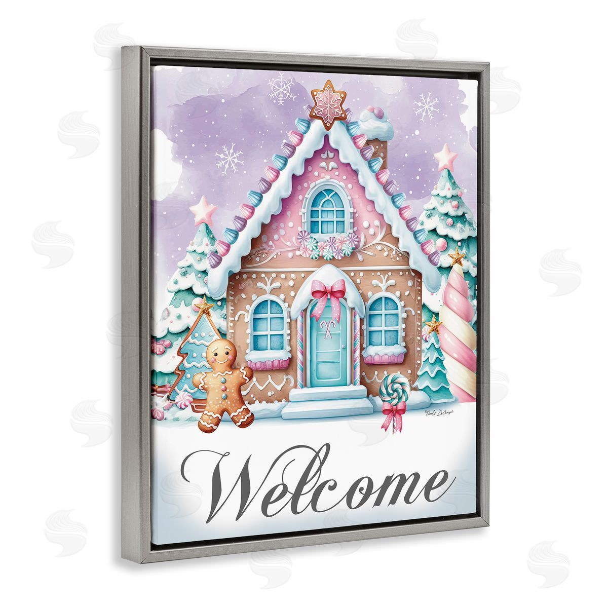 Welcome Gingerbread House Grey Floating Frame Canvas Wall Art, Home Decor by Nicole DeCamp