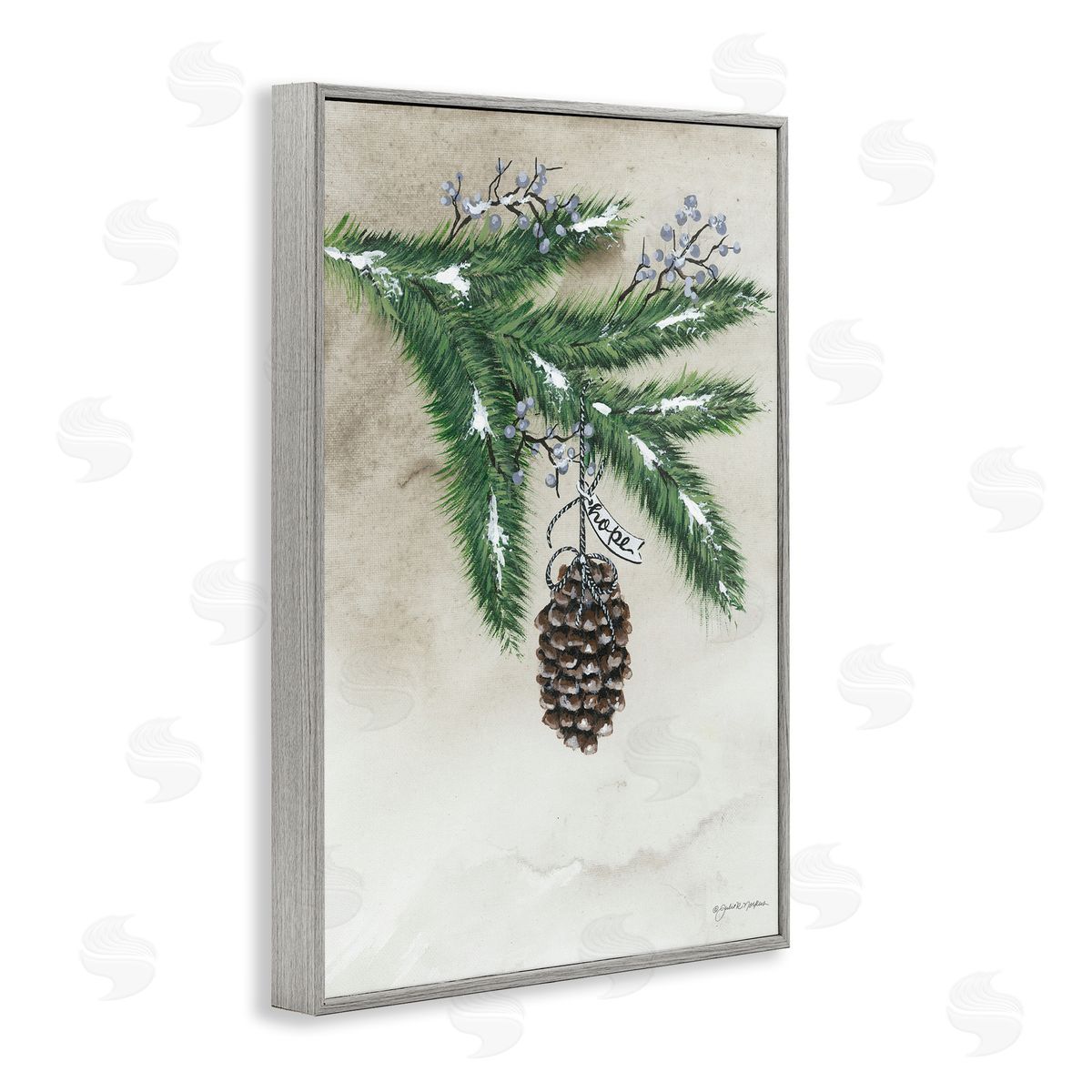 Dangling Rustic Pine Cone Grey Frame Print Wall Art, Home Decor by Julie Norkus