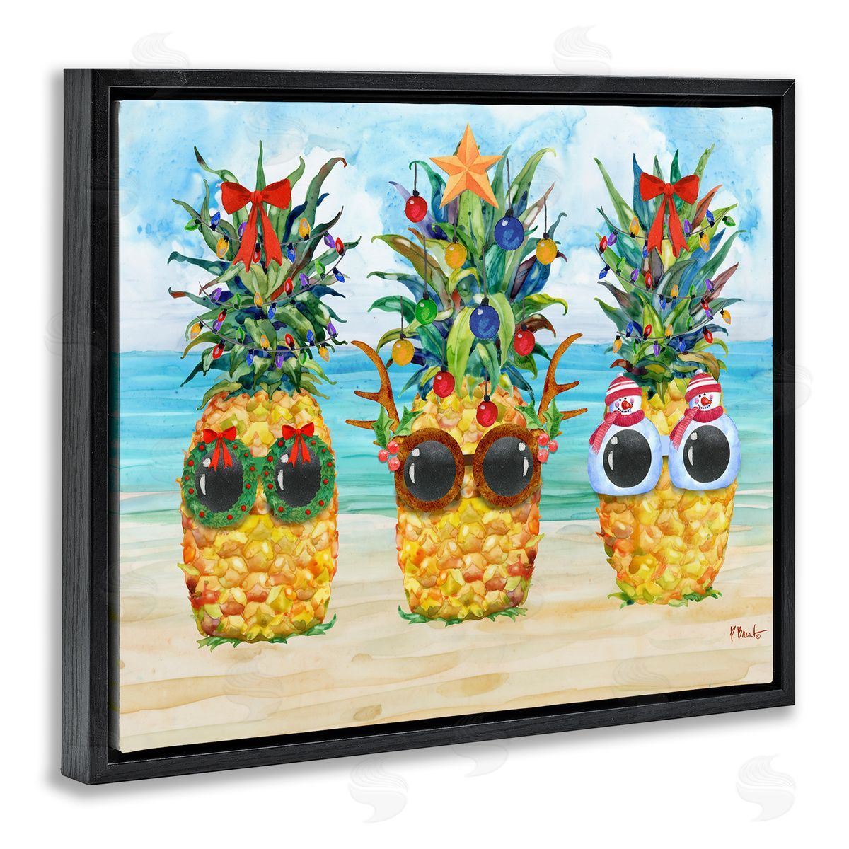 Christmas Cool Pineapples Black Floating Frame Canvas Wall Art, Home Decor by Paul Brent