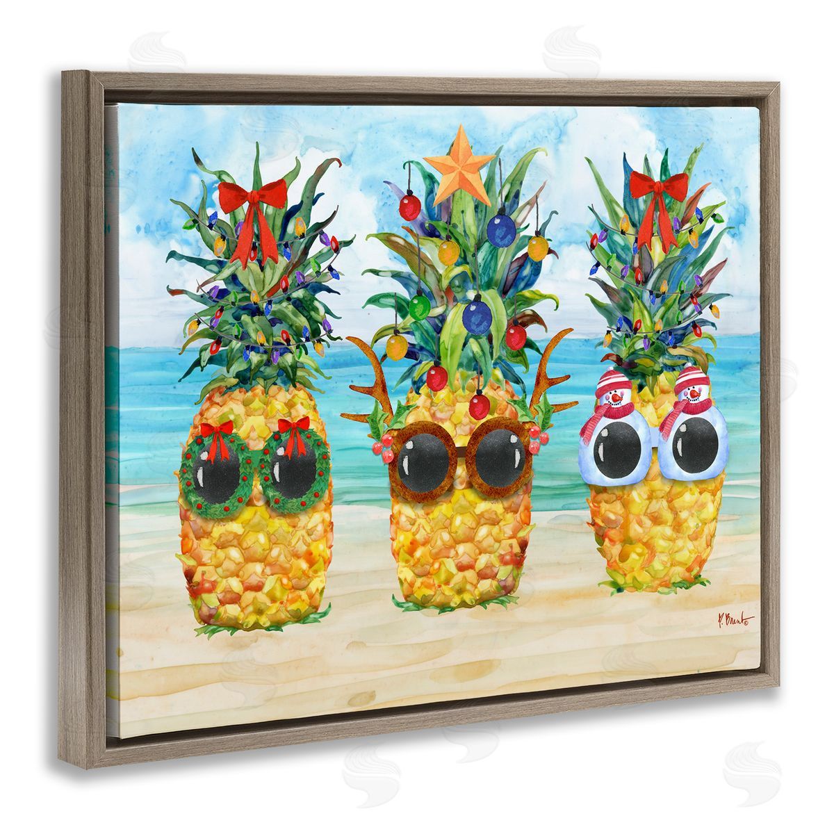 Christmas Cool Pineapples Brown Floating Frame Canvas Wall Art, Home Decor by Paul Brent