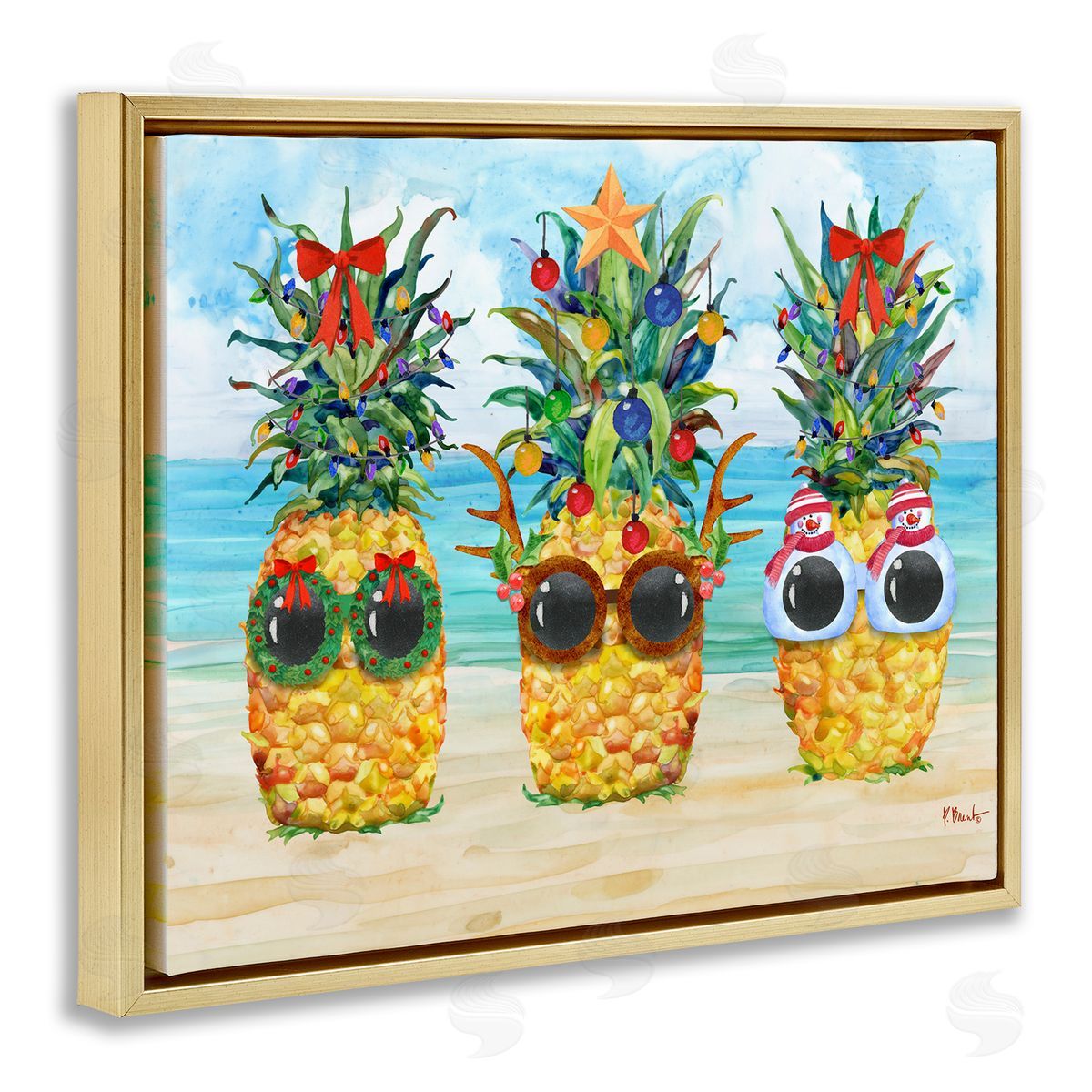 Christmas Cool Pineapples Gold Floating Frame Canvas Wall Art, Home Decor by Paul Brent