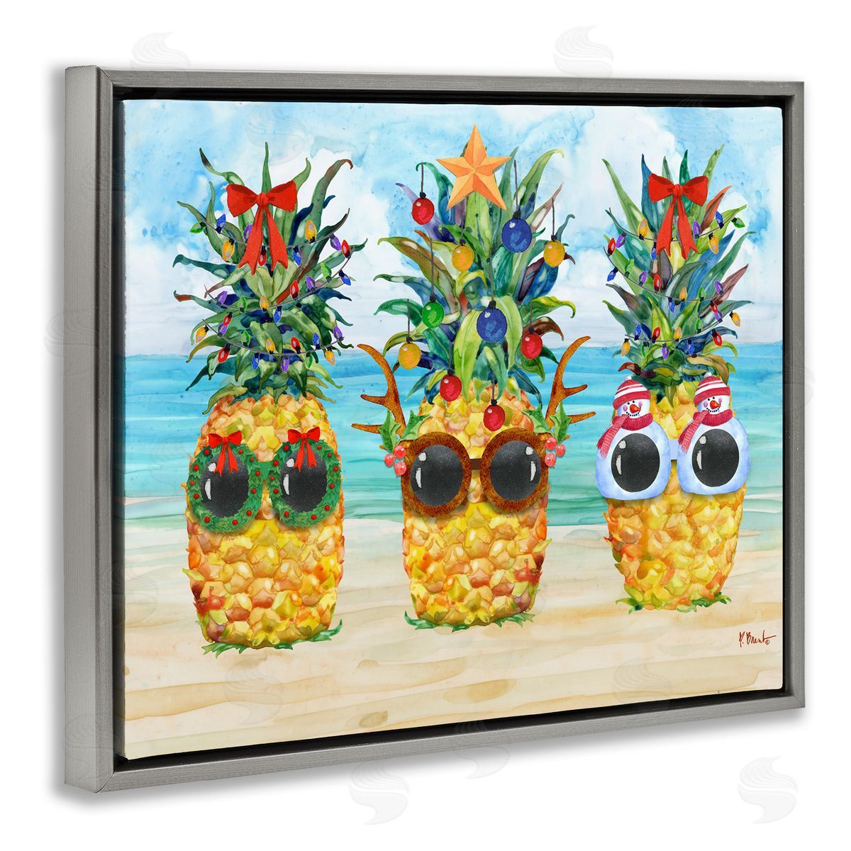 Christmas Cool Pineapples Grey Floating Frame Canvas Wall Art, Home Decor by Paul Brent