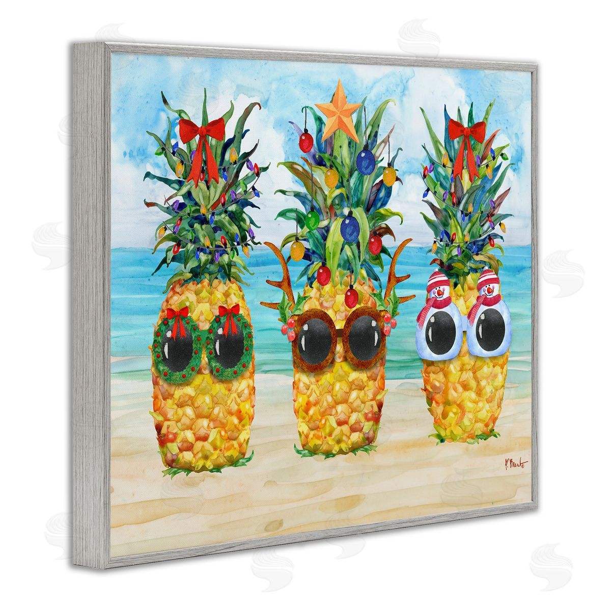 Christmas Cool Pineapples Grey Frame Print Wall Art, Home Decor by Paul Brent