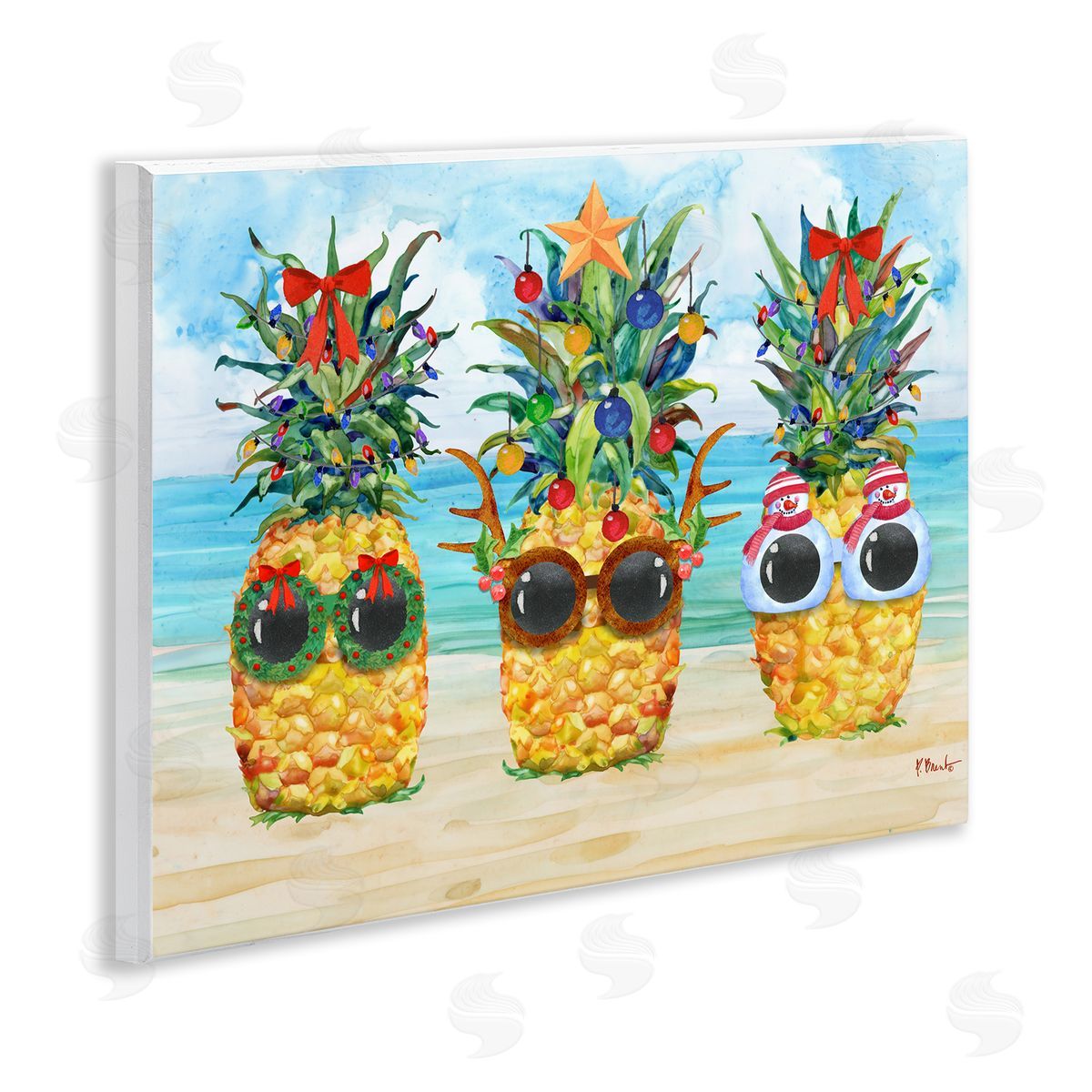 Christmas Cool Pineapples Wood Plaque Wall Art, Home Decor by Paul Brent
