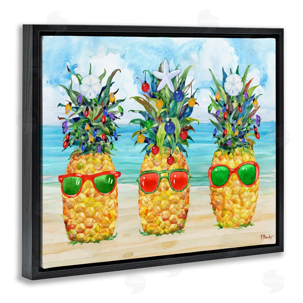 Christmas Themed Pineapples Black Floating Frame Canvas Wall Art, Home Decor by Paul Brent