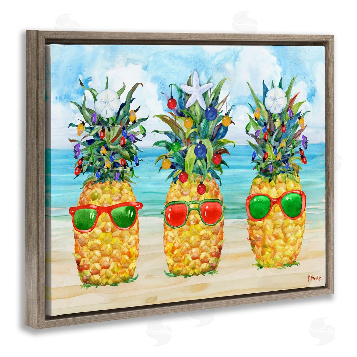 Christmas Themed Pineapples Brown Floating Frame Canvas Wall Art, Home Decor by Paul Brent