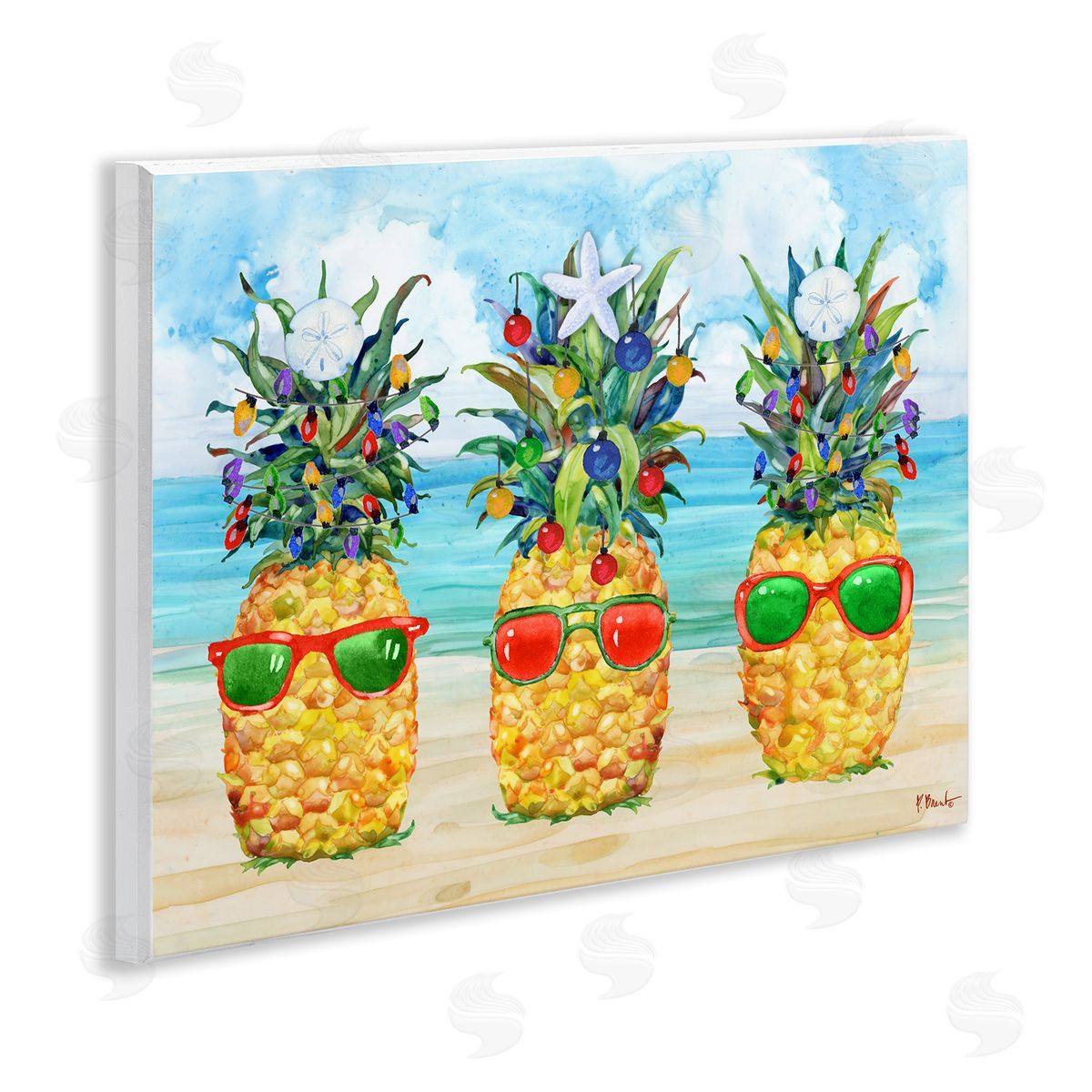 Christmas Themed Pineapples Wood Plaque Wall Art, Home Decor by Paul Brent