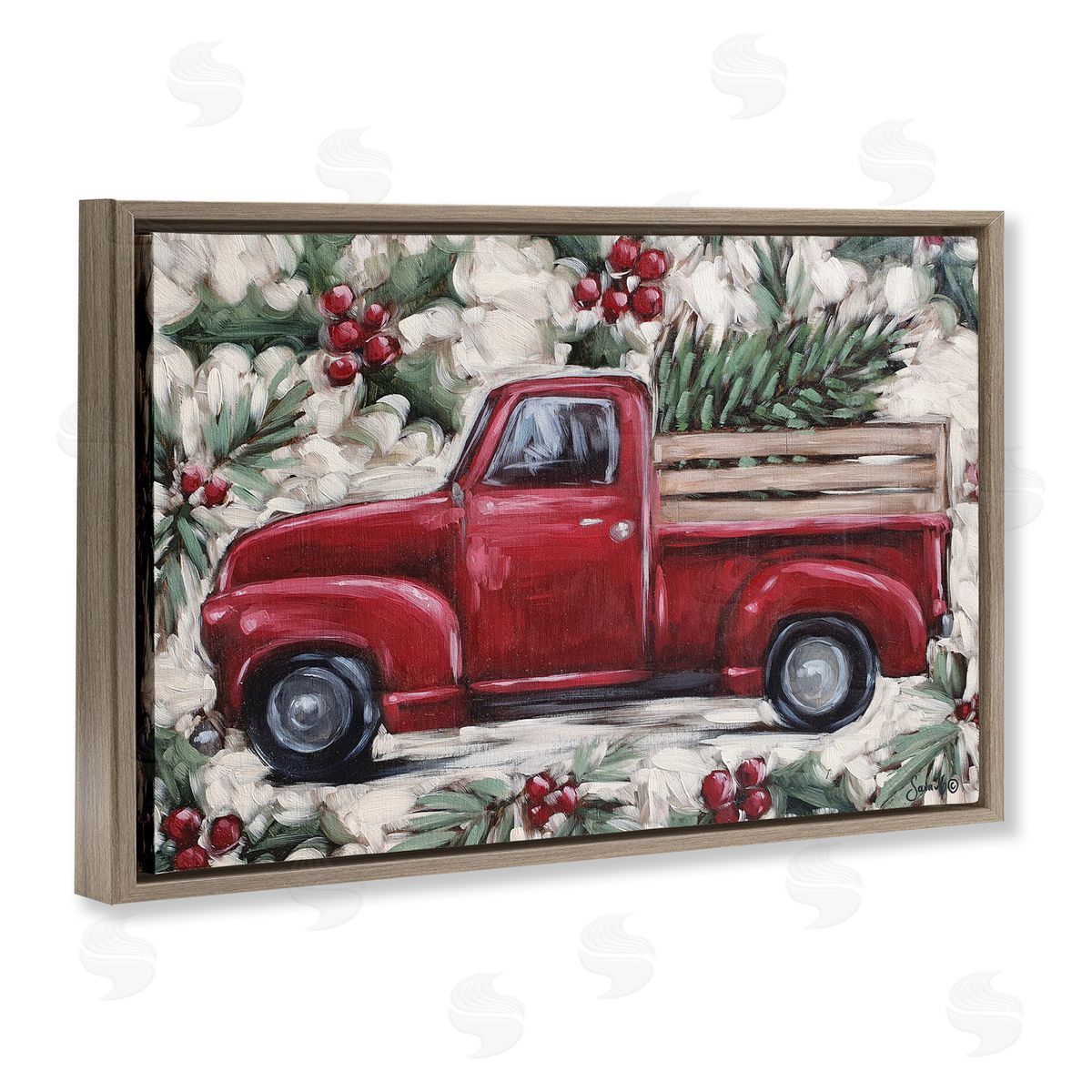 Pickup and Festive Holly Brown Floating Frame Canvas Wall Art, Home Decor by Sara G. Designs