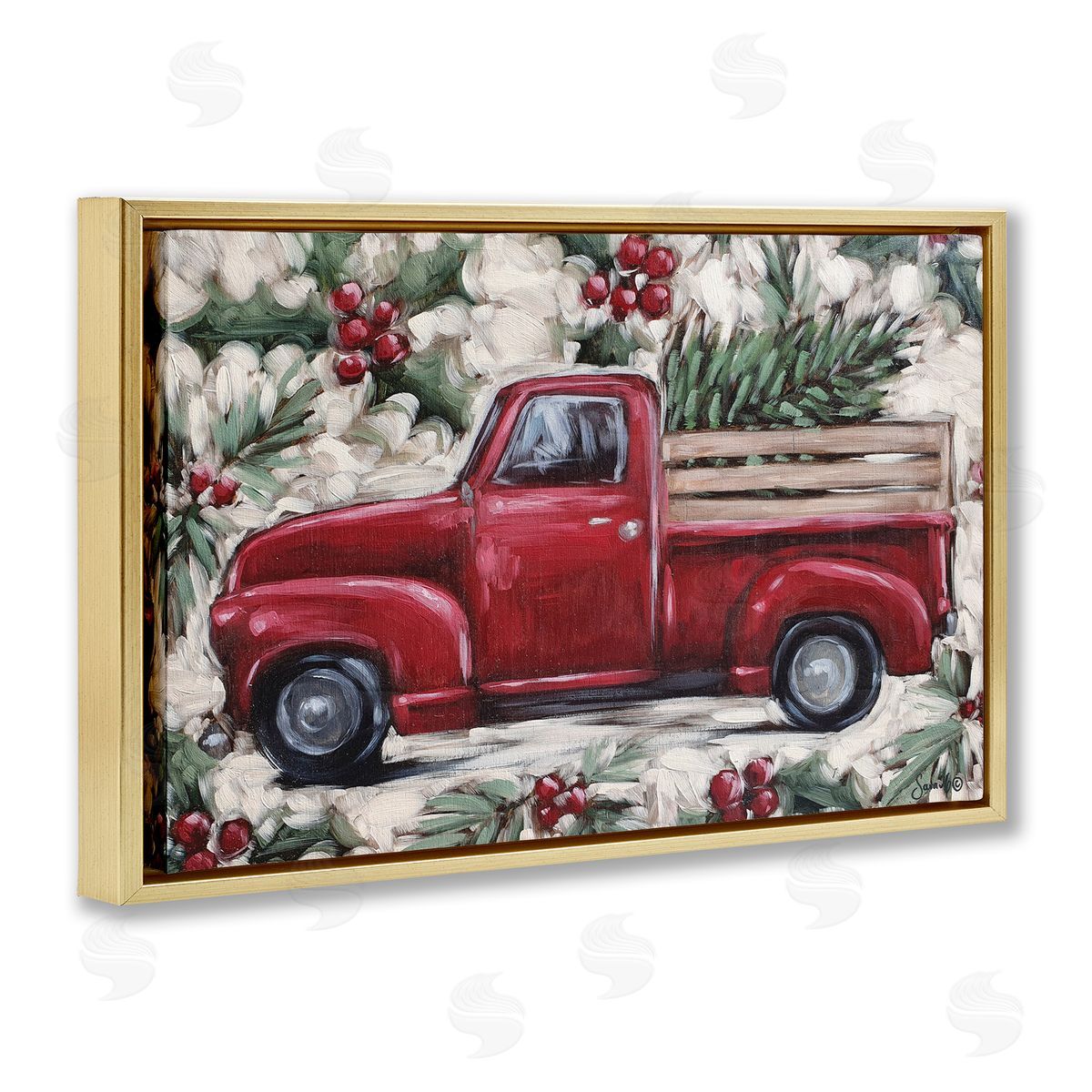 Pickup and Festive Holly Gold Floating Frame Canvas Wall Art, Home Decor by Sara G. Designs