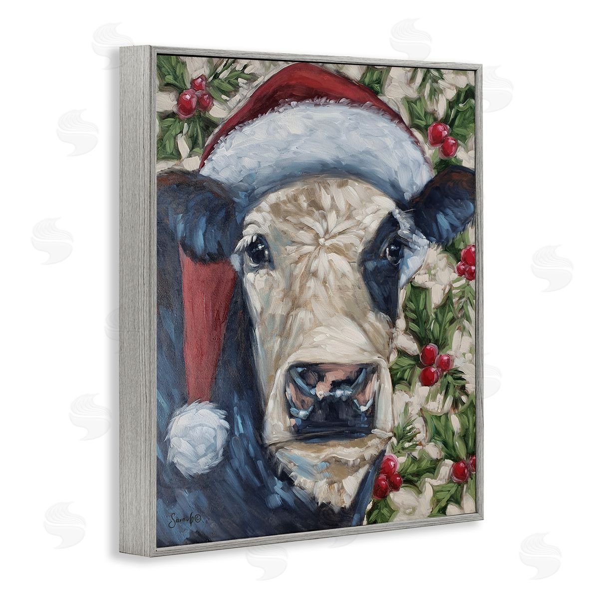 Cow with Festive Holly Grey Frame Print Wall Art, Home Decor by Sara G. Designs