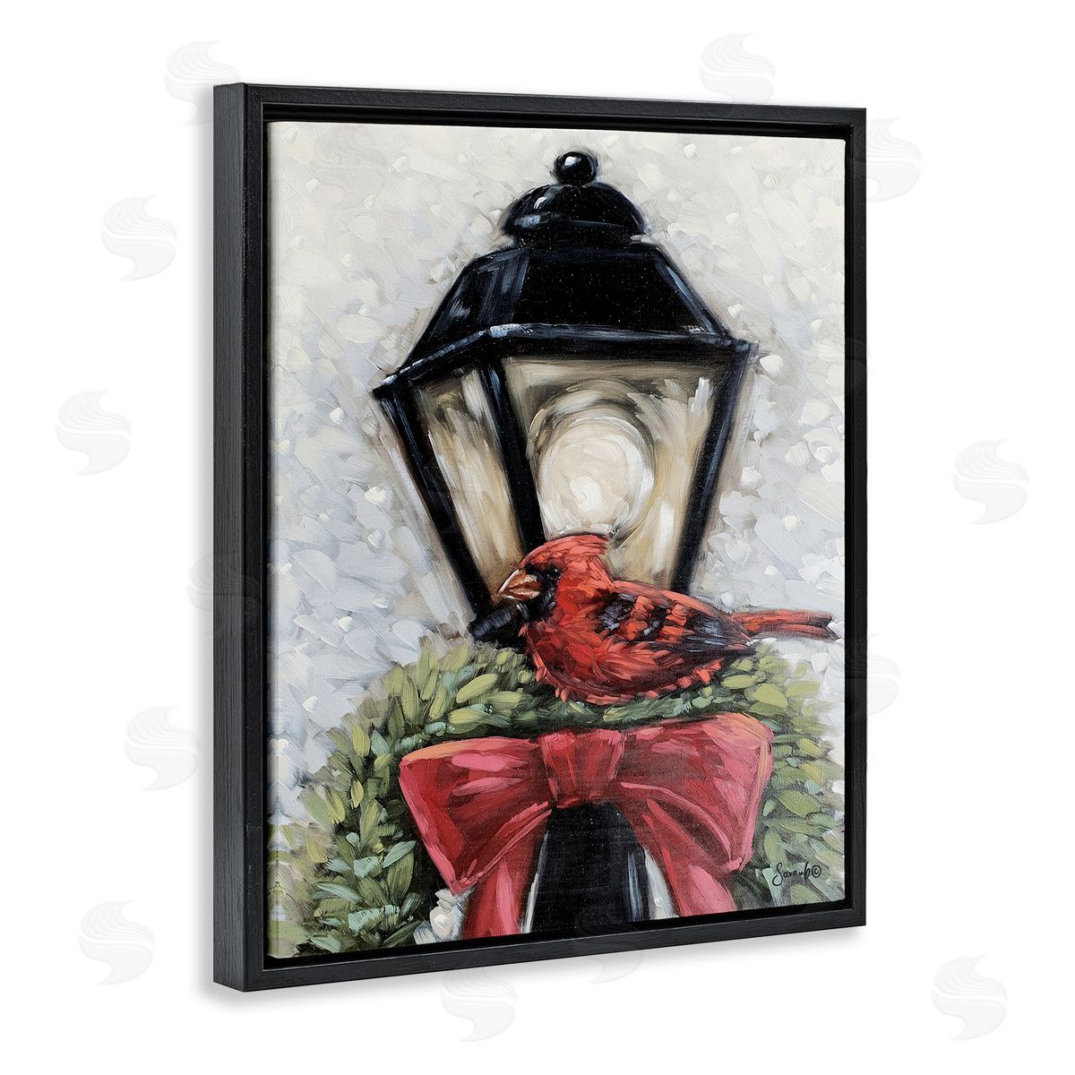Cardinal and Holiday Lamp Black Floating Frame Canvas Wall Art, Home Decor by Sara G. Designs
