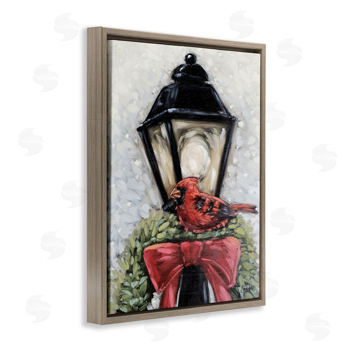Cardinal and Holiday Lamp Brown Floating Frame Canvas Wall Art, Home Decor by Sara G. Designs