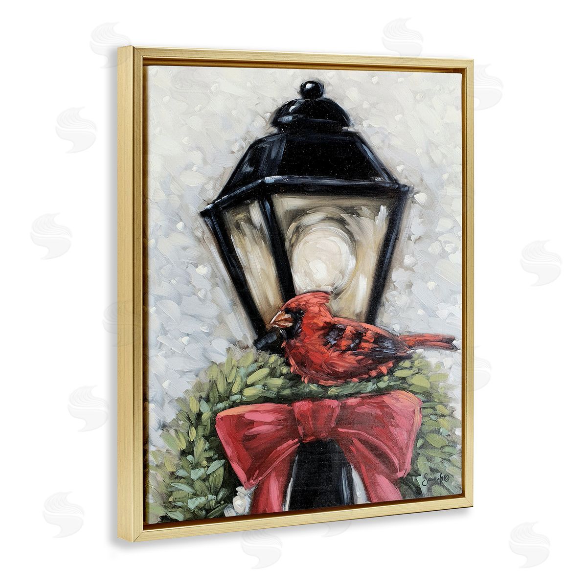 Cardinal and Holiday Lamp Gold Floating Frame Canvas Wall Art, Home Decor by Sara G. Designs