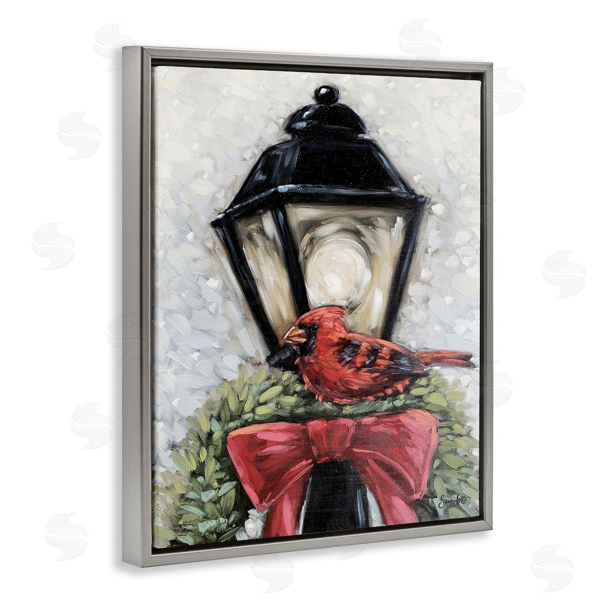 Cardinal and Holiday Lamp Grey Floating Frame Canvas Wall Art, Home Decor by Sara G. Designs