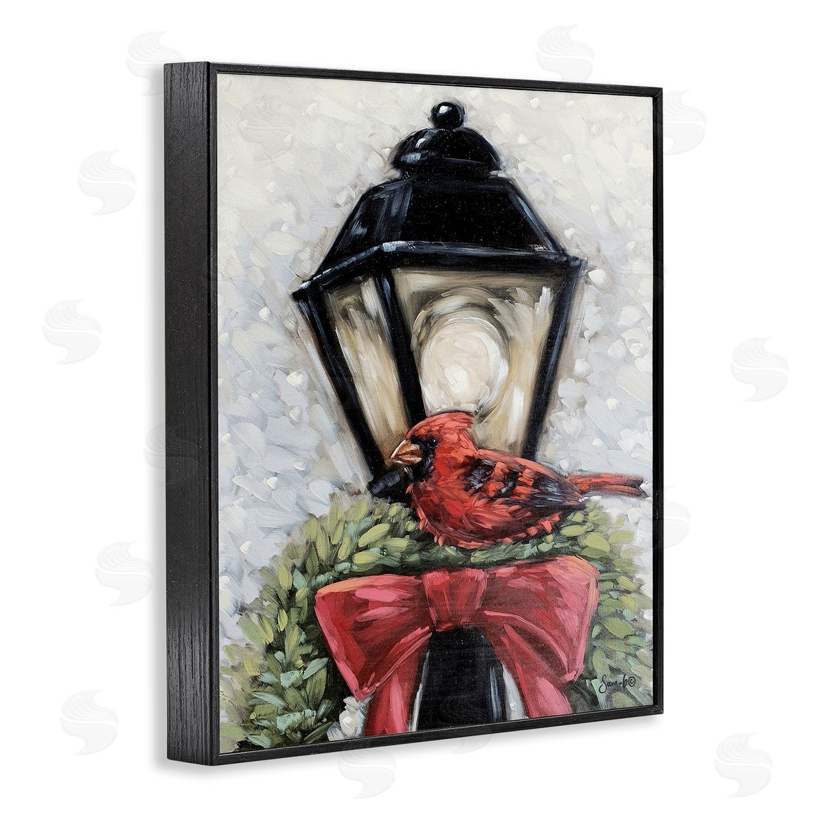 Cardinal and Holiday Lamp Black Frame Print Wall Art, Home Decor by Sara G. Designs