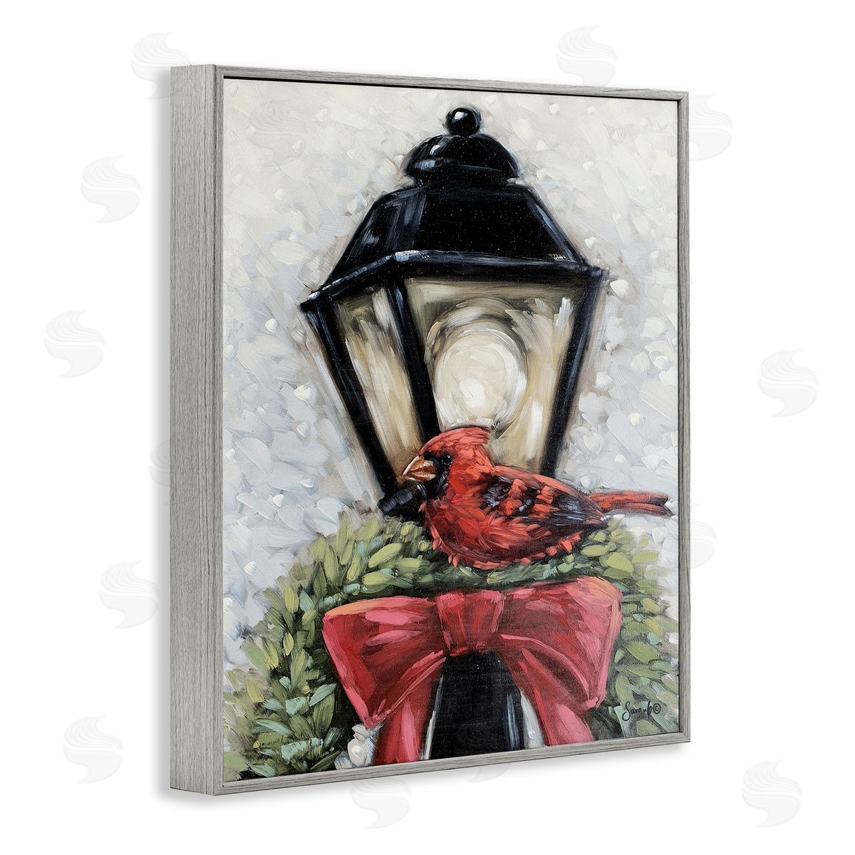 Cardinal and Holiday Lamp Grey Frame Print Wall Art, Home Decor by Sara G. Designs