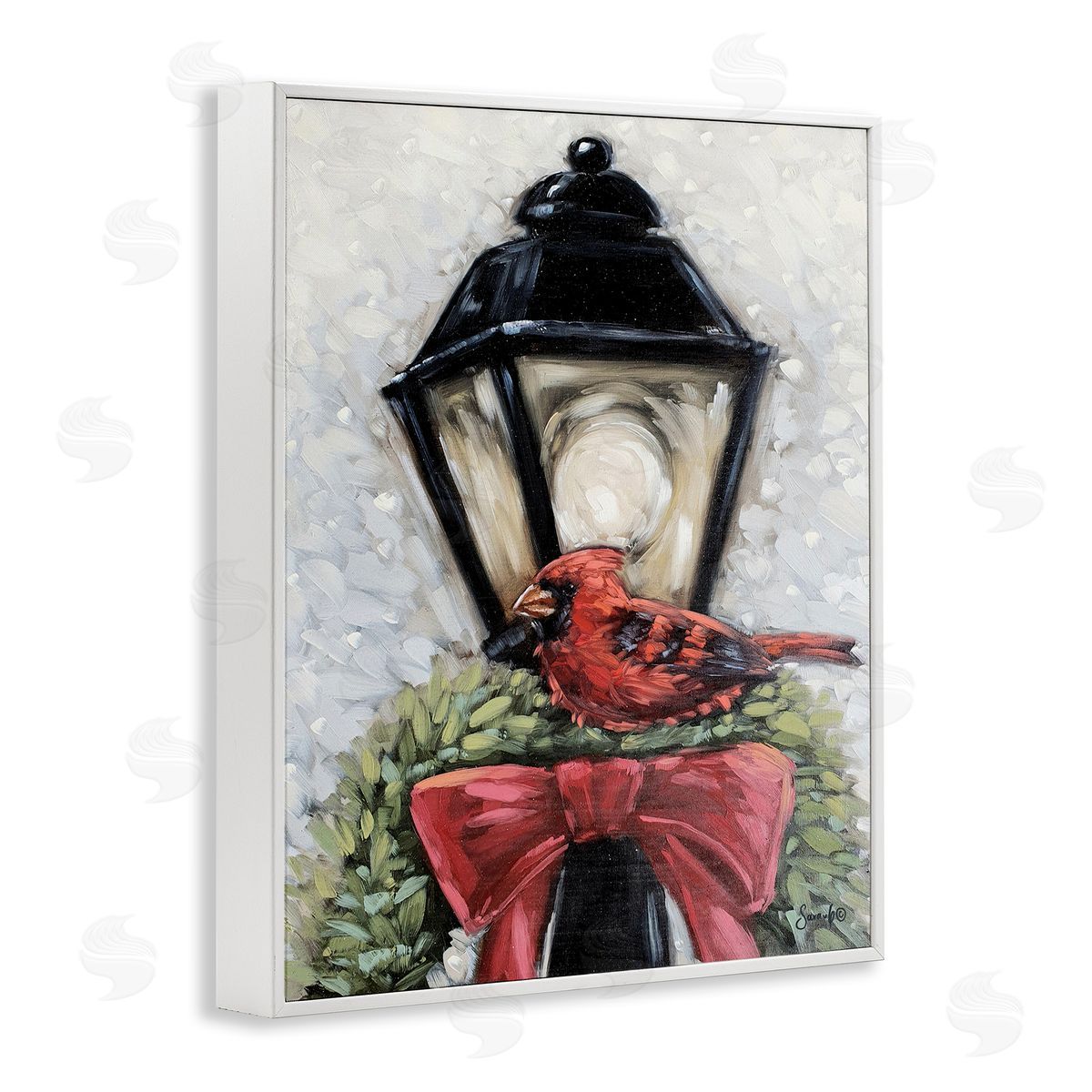 Cardinal and Holiday Lamp White Frame Print Wall Art, Home Decor by Sara G. Designs