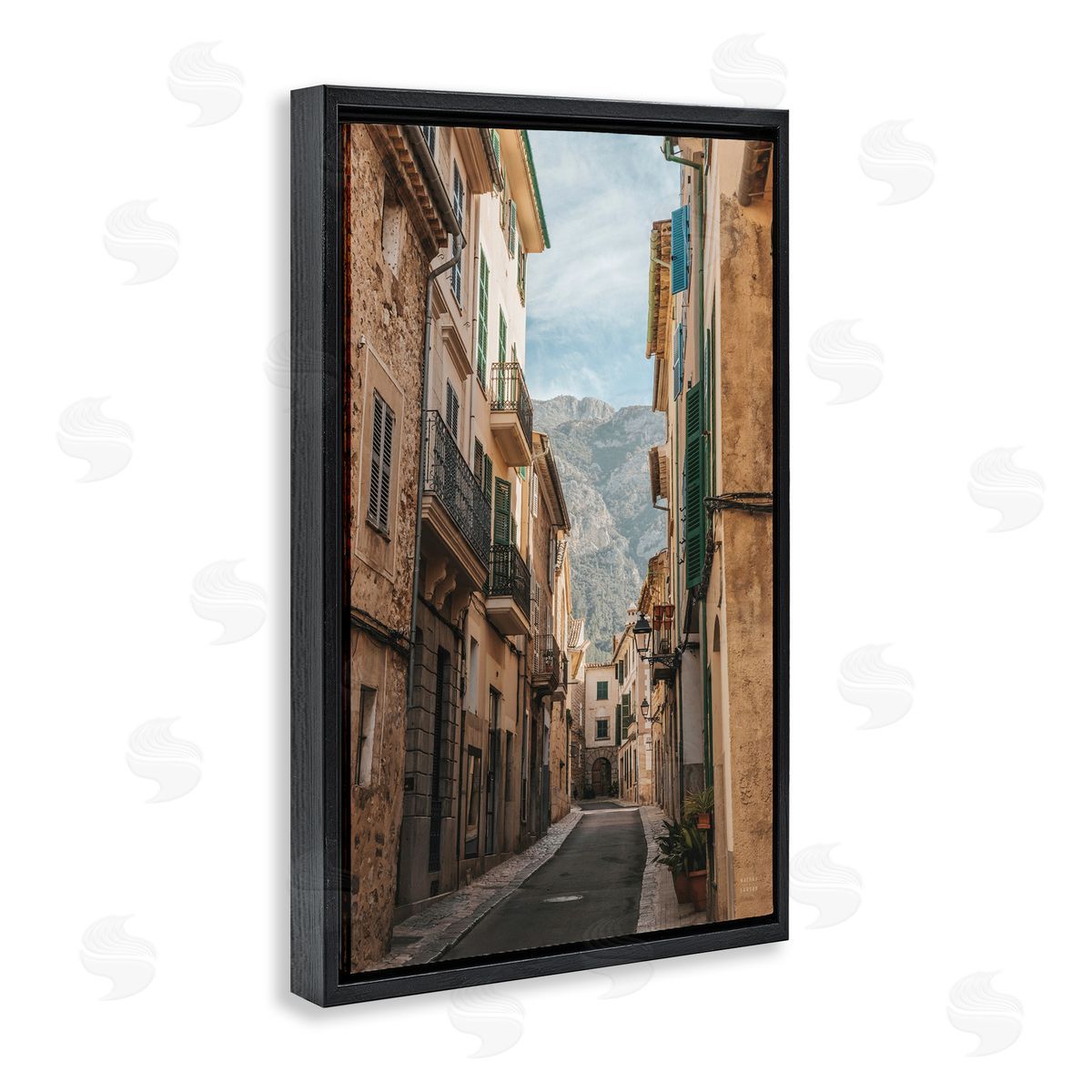 Spanish Town Street Black Floating Frame Canvas Wall Art, Home Decor by Nathan Larson