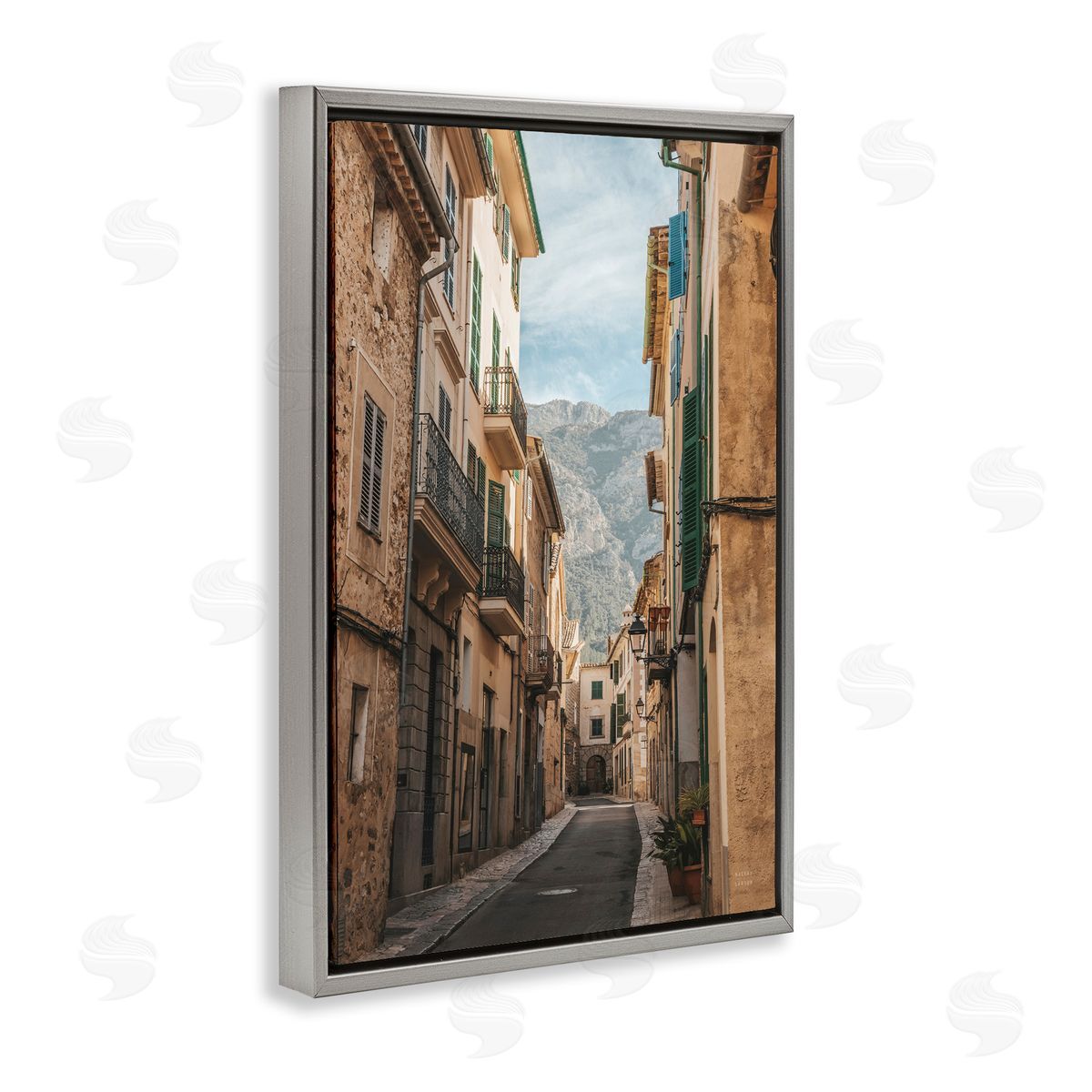 Spanish Town Street Grey Floating Frame Canvas Wall Art, Home Decor by Nathan Larson