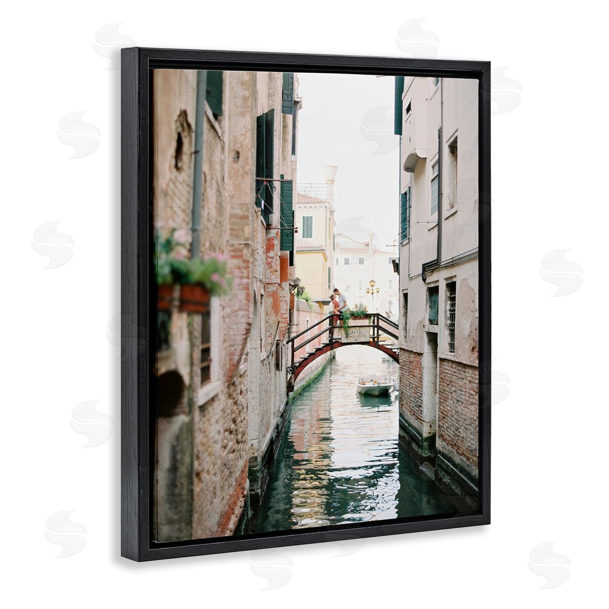 Couple on Canal Bridge Black Floating Frame Canvas Wall Art, Home Decor by Justine Milton