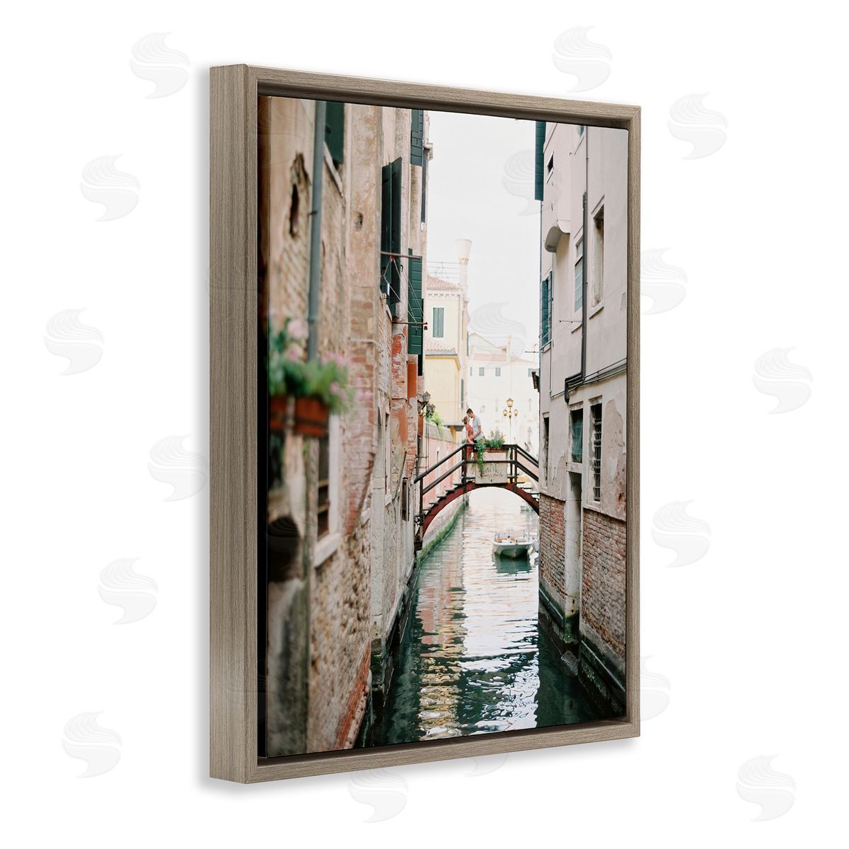 Couple on Canal Bridge Brown Floating Frame Canvas Wall Art, Home Decor by Justine Milton