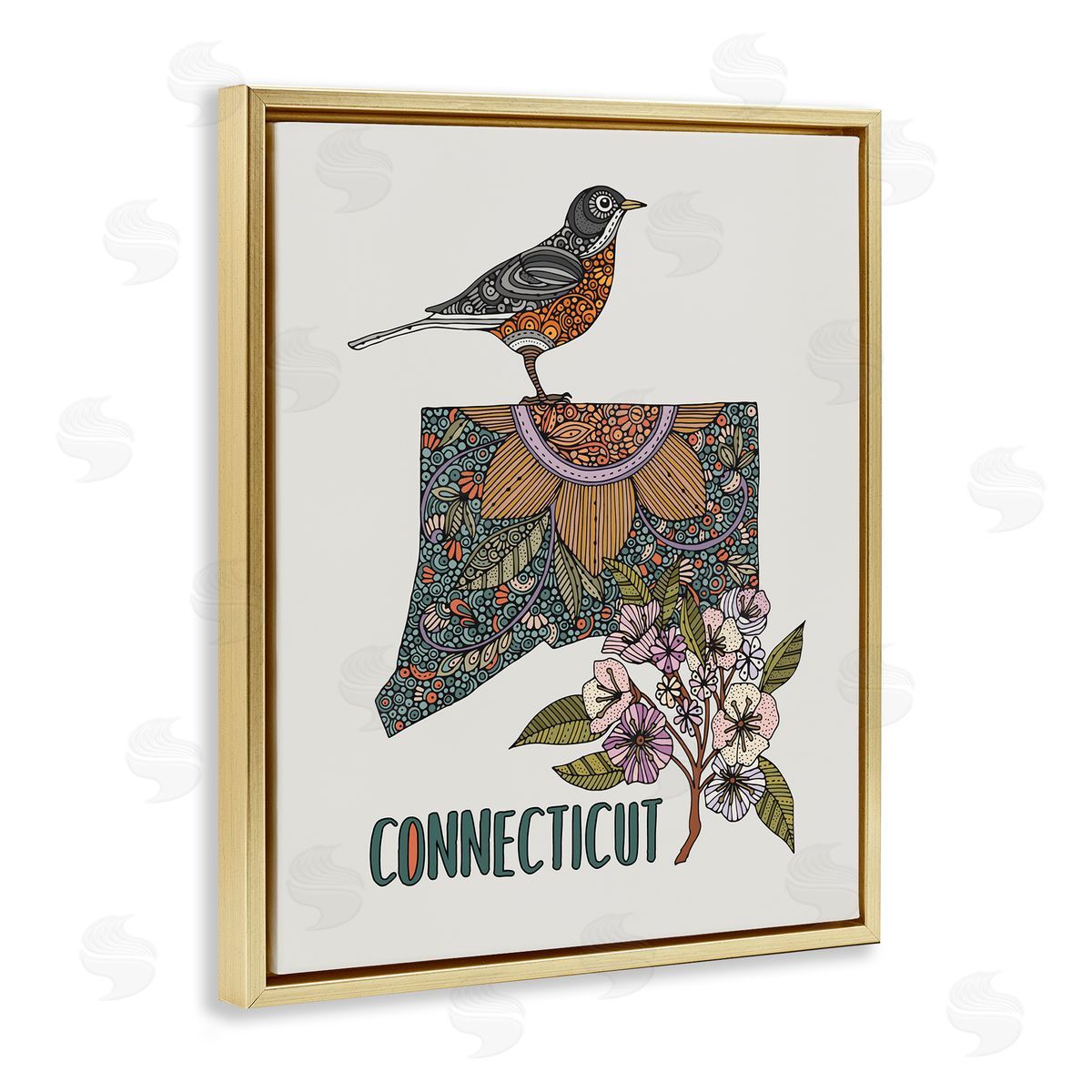 Floral Connecticut State Gold Floating Frame Canvas Wall Art, Home Decor by Valentina Harper