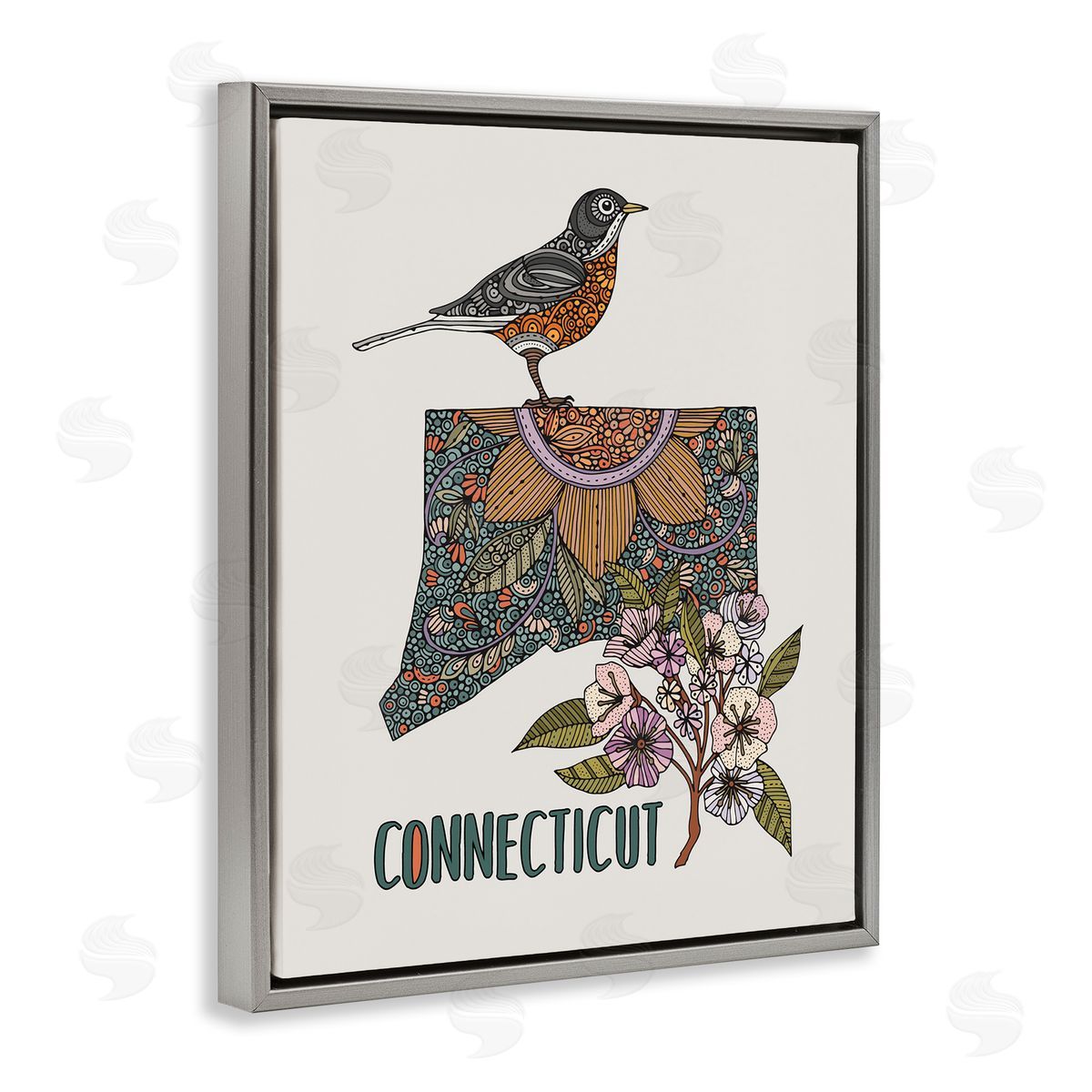 Floral Connecticut State Grey Floating Frame Canvas Wall Art, Home Decor by Valentina Harper