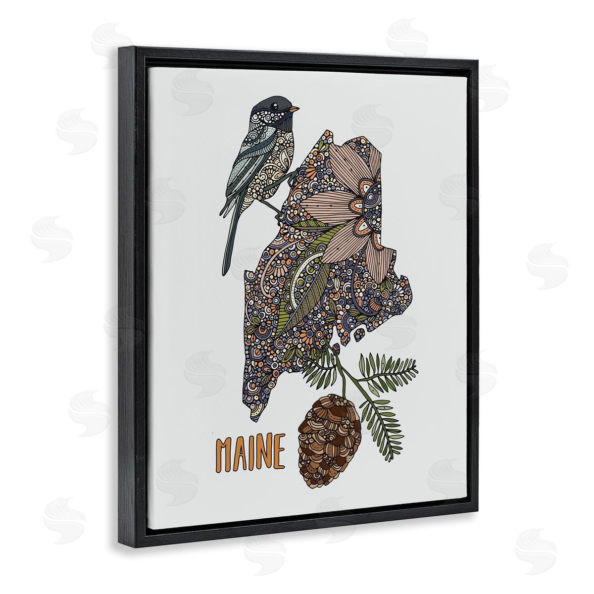 Floral Maine State Black Floating Frame Canvas Wall Art, Home Decor by Valentina Harper