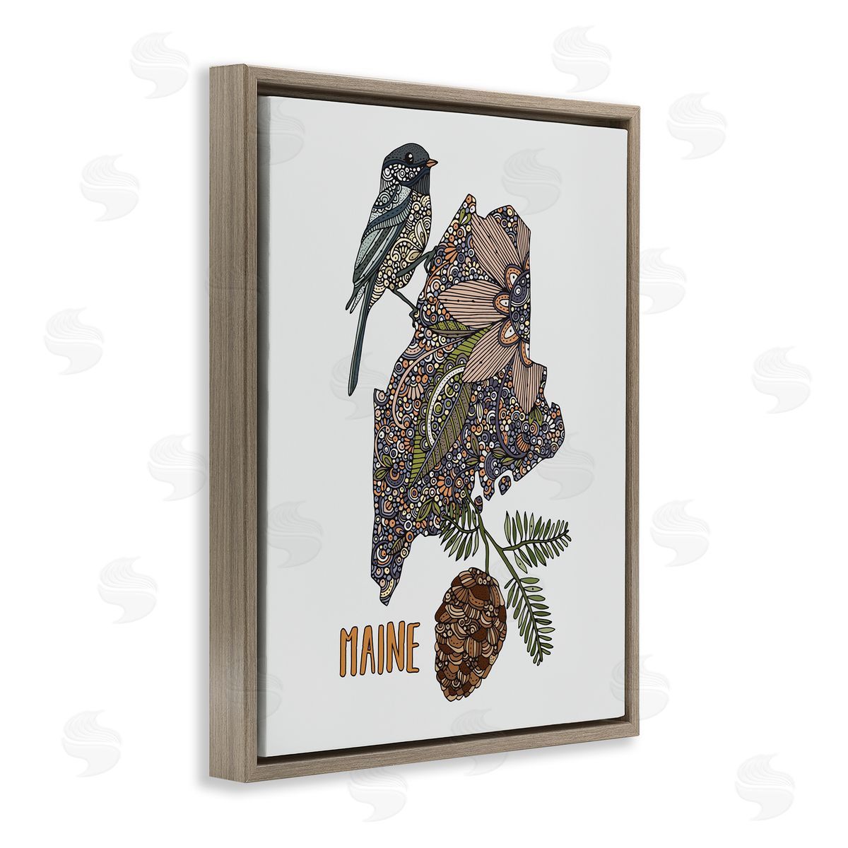 Floral Maine State Brown Floating Frame Canvas Wall Art, Home Decor by Valentina Harper