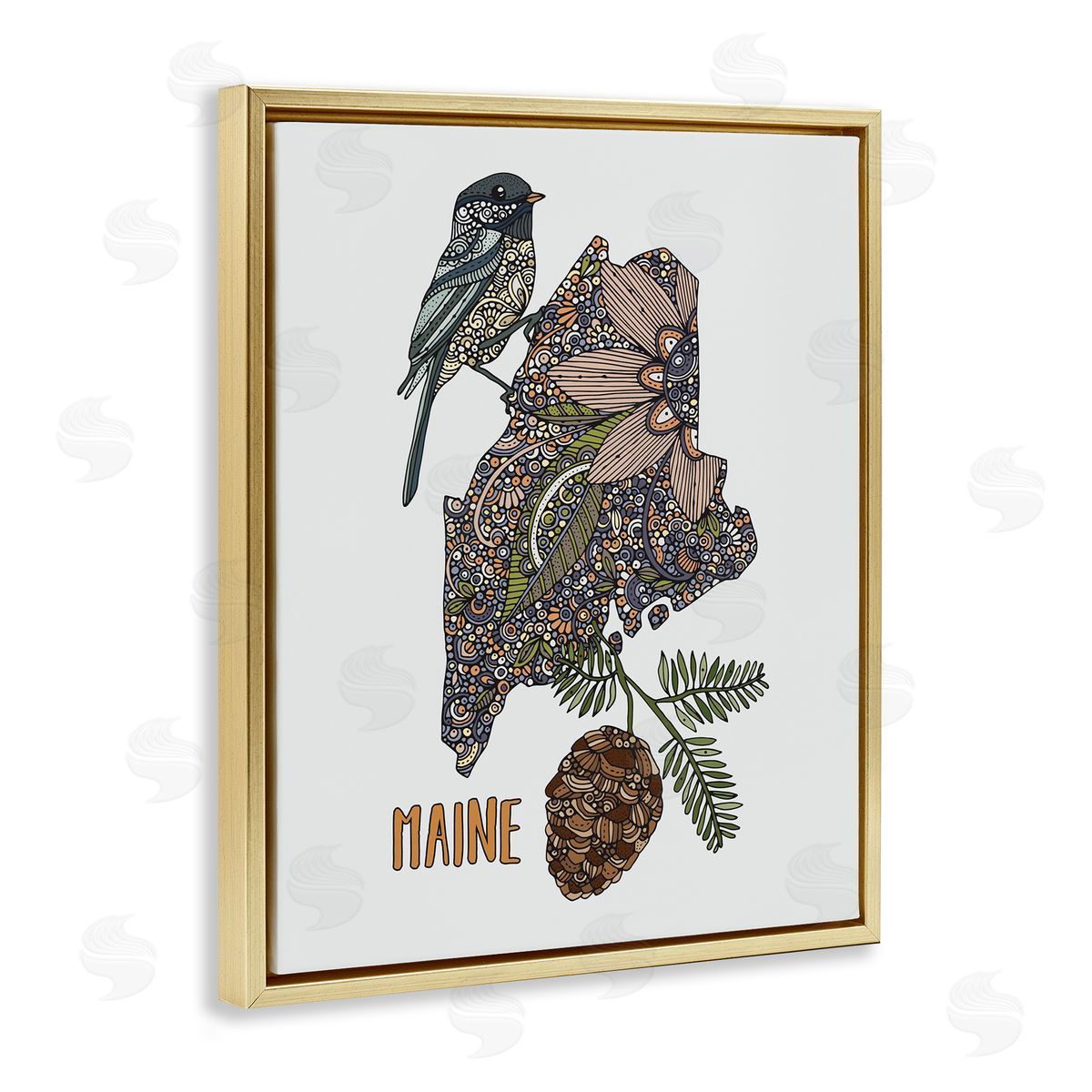 Floral Maine State Gold Floating Frame Canvas Wall Art, Home Decor by Valentina Harper