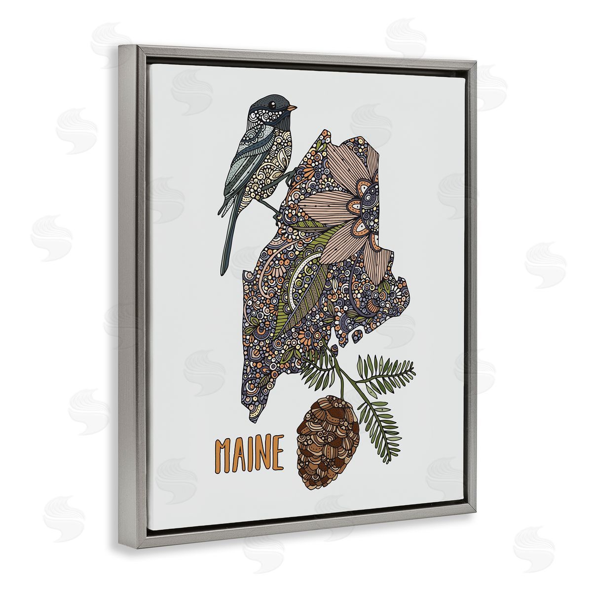 Floral Maine State Grey Floating Frame Canvas Wall Art, Home Decor by Valentina Harper