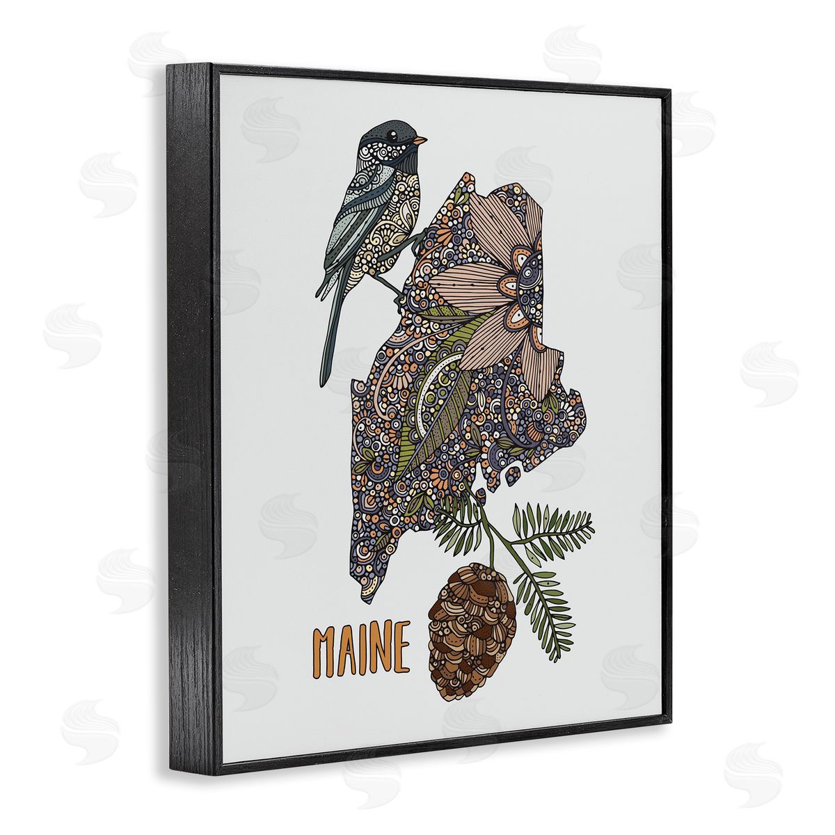 Floral Maine State Black Frame Print Wall Art, Home Decor by Valentina Harper