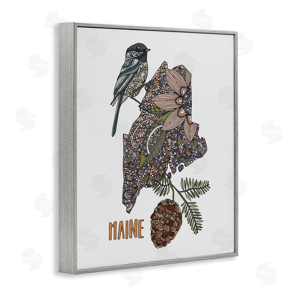 Floral Maine State Grey Frame Print Wall Art, Home Decor by Valentina Harper
