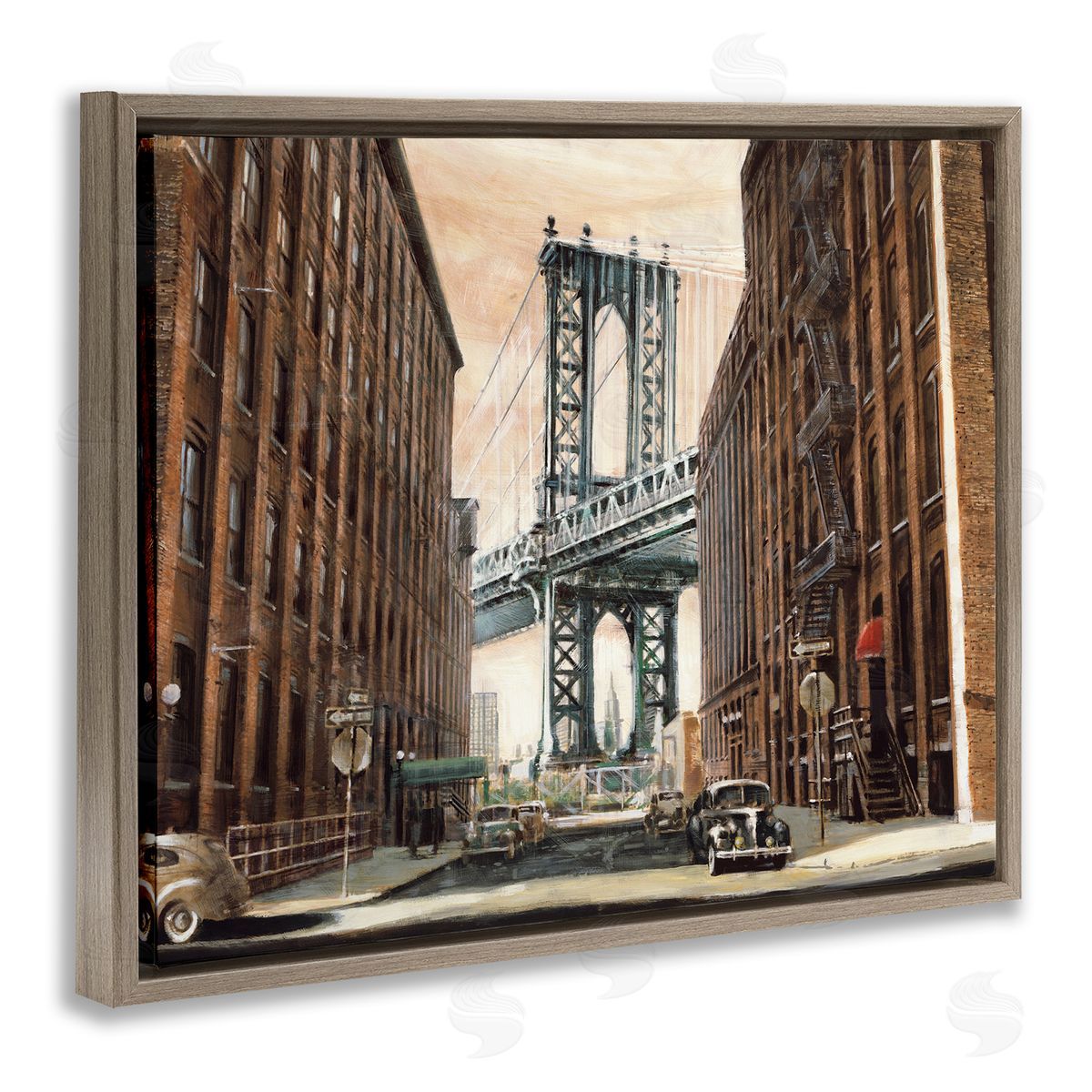 Cityscape with Bridge View Brown Floating Frame Canvas Wall Art, Home Decor by Matthew Daniels