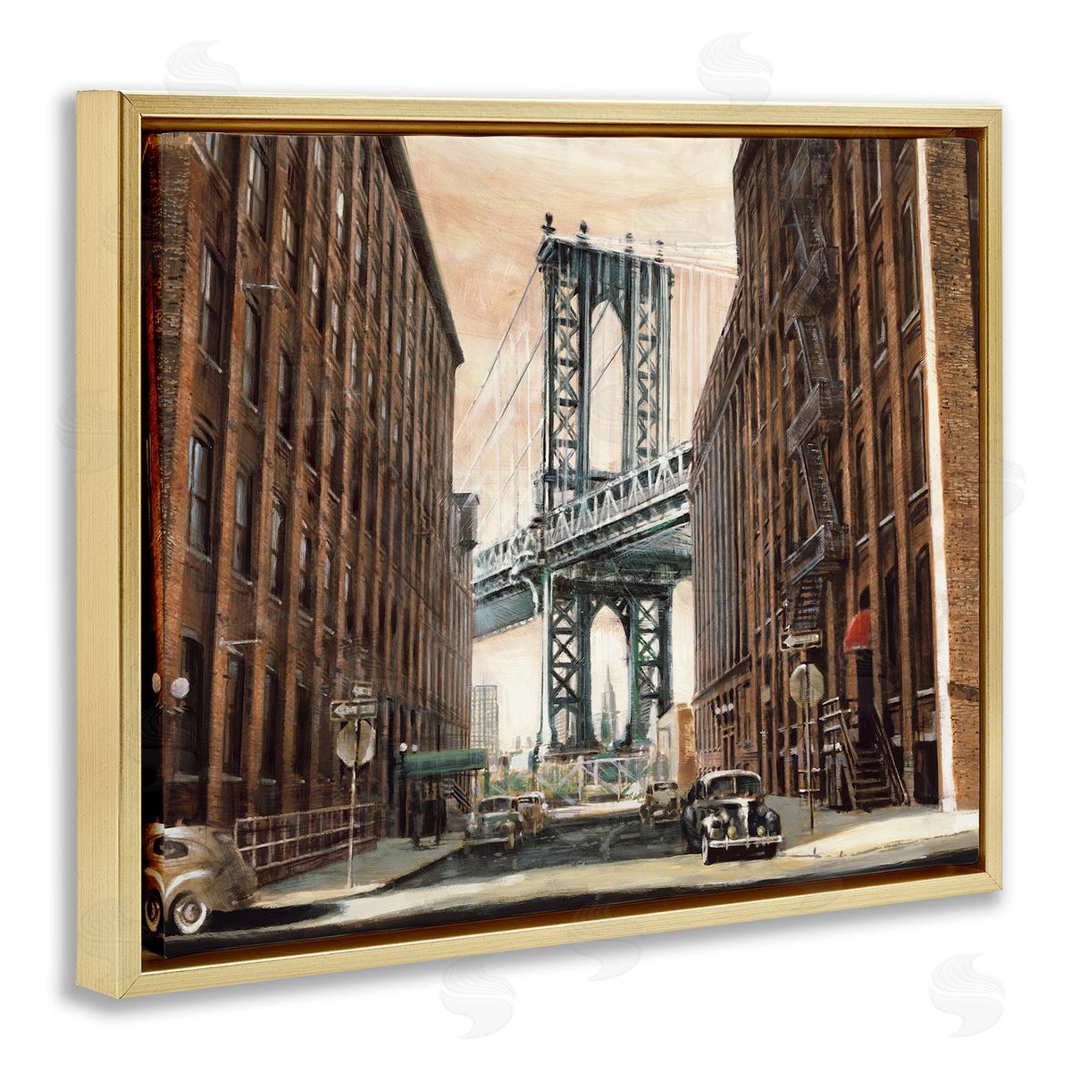 Cityscape with Bridge View Gold Floating Frame Canvas Wall Art, Home Decor by Matthew Daniels