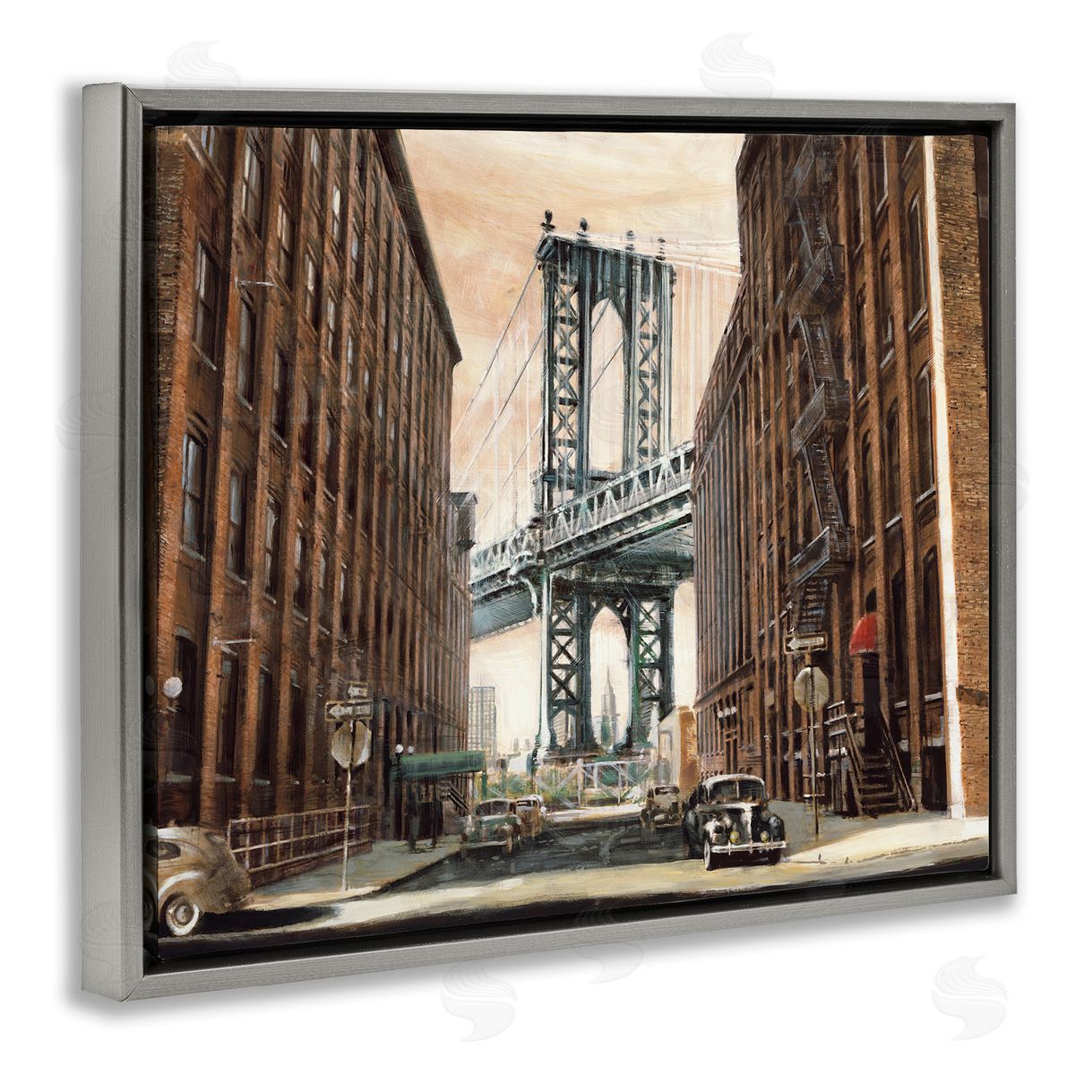 Cityscape with Bridge View Grey Floating Frame Canvas Wall Art, Home Decor by Matthew Daniels