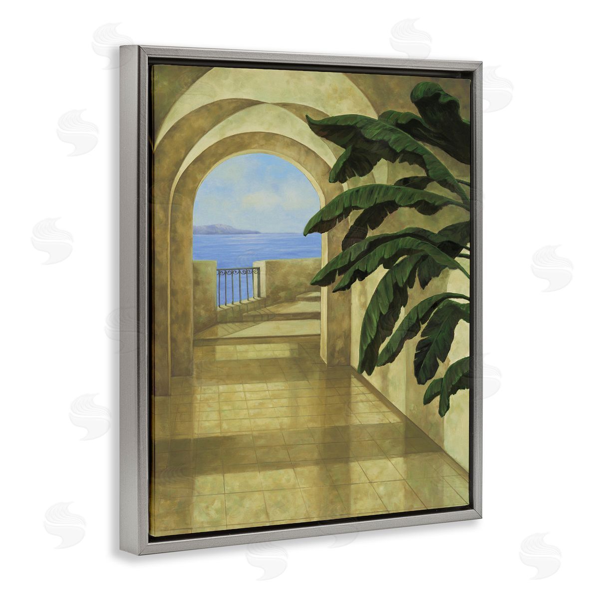 Coastal Villa Palm Grey Floating Frame Canvas Wall Art, Home Decor by Samuel Blanco