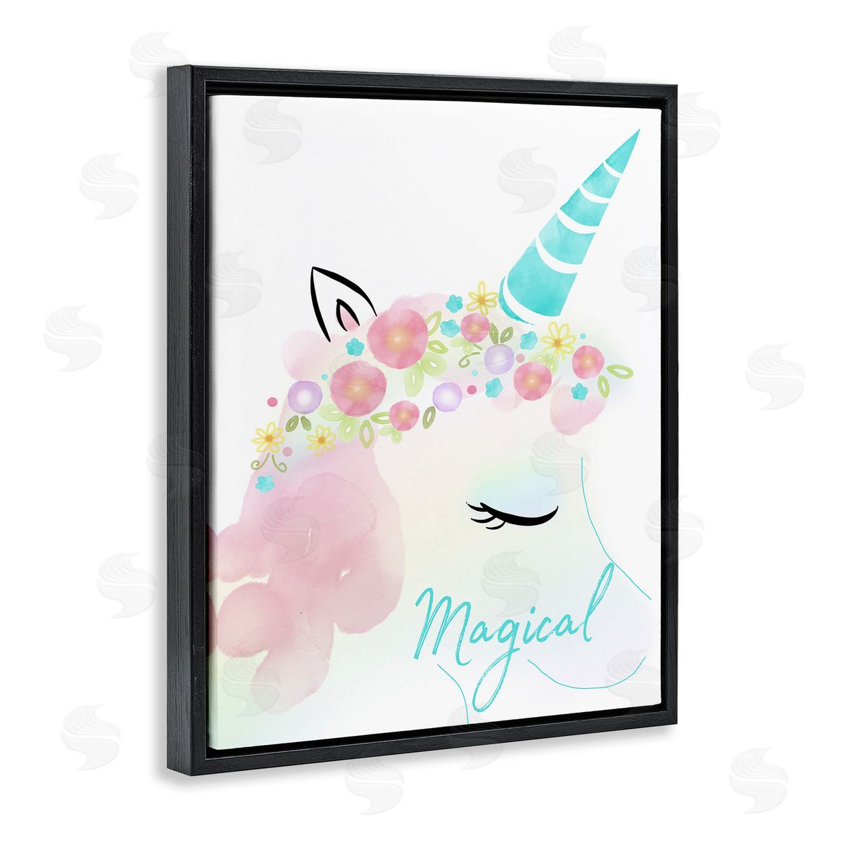 Magical Floral Unicorn Black Floating Frame Canvas Wall Art, Home Decor by Andi Metz