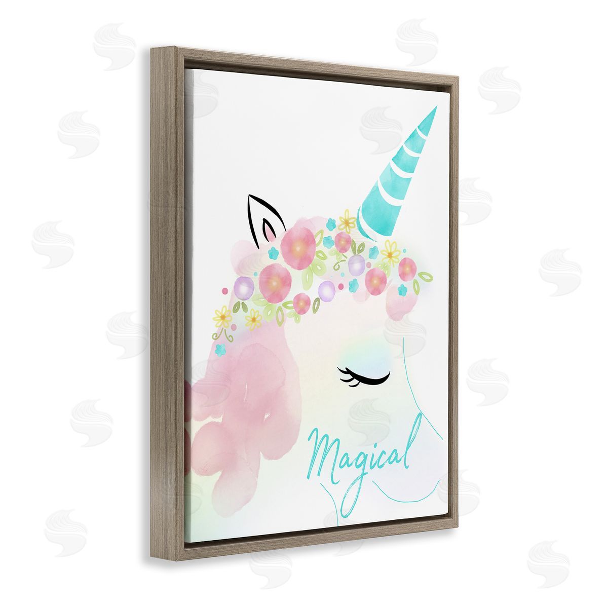 Magical Floral Unicorn Brown Floating Frame Canvas Wall Art, Home Decor by Andi Metz