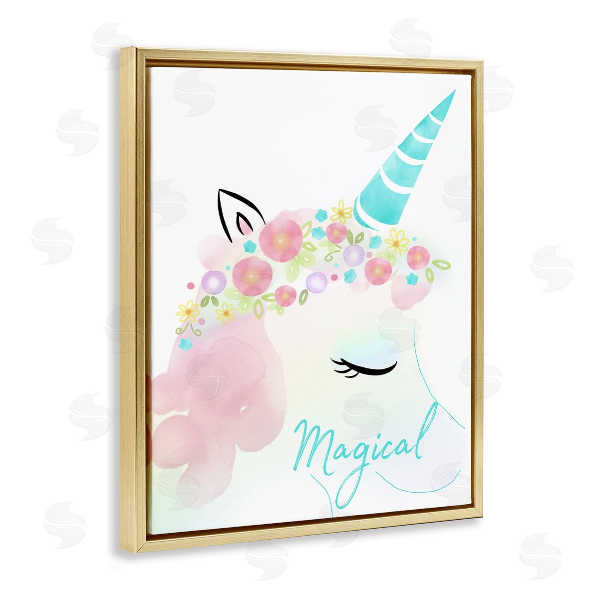 Magical Floral Unicorn Gold Floating Frame Canvas Wall Art, Home Decor by Andi Metz
