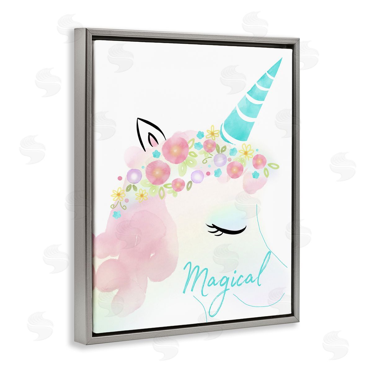Magical Floral Unicorn Grey Floating Frame Canvas Wall Art, Home Decor by Andi Metz