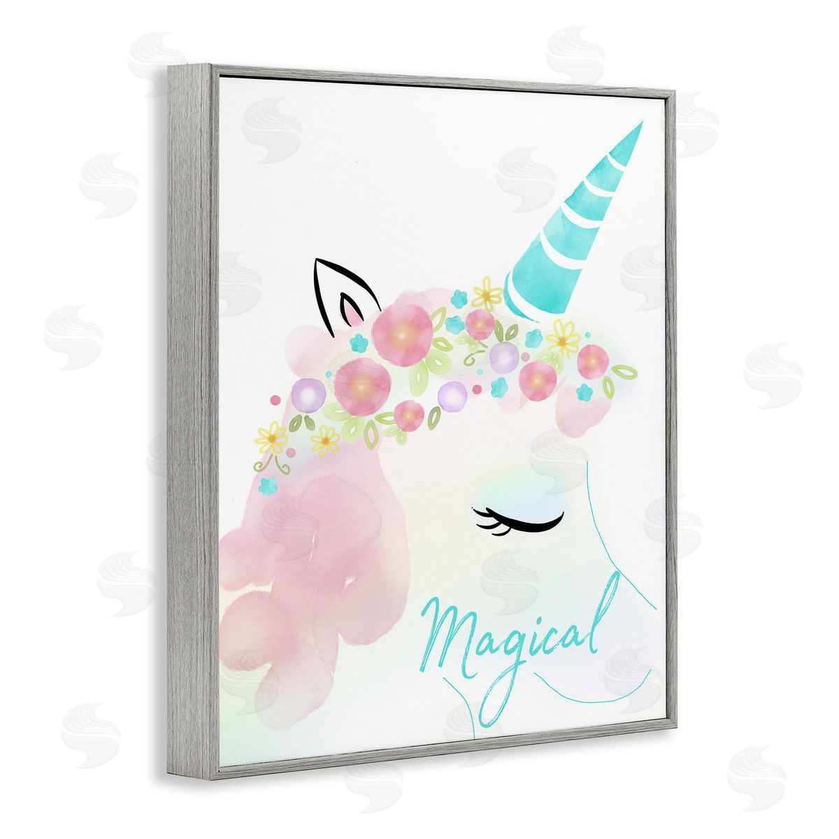 Magical Floral Unicorn Grey Frame Print Wall Art, Home Decor by Andi Metz