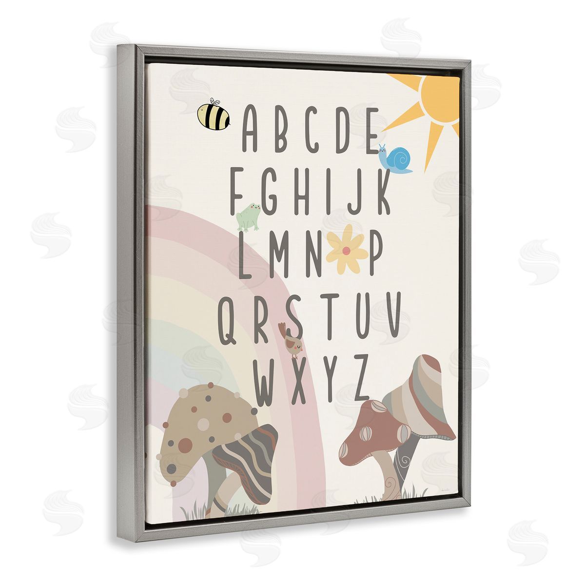 Neutral Mushrooms Alphabet Grey Floating Frame Canvas Wall Art, Home Decor by Daniela Santiago