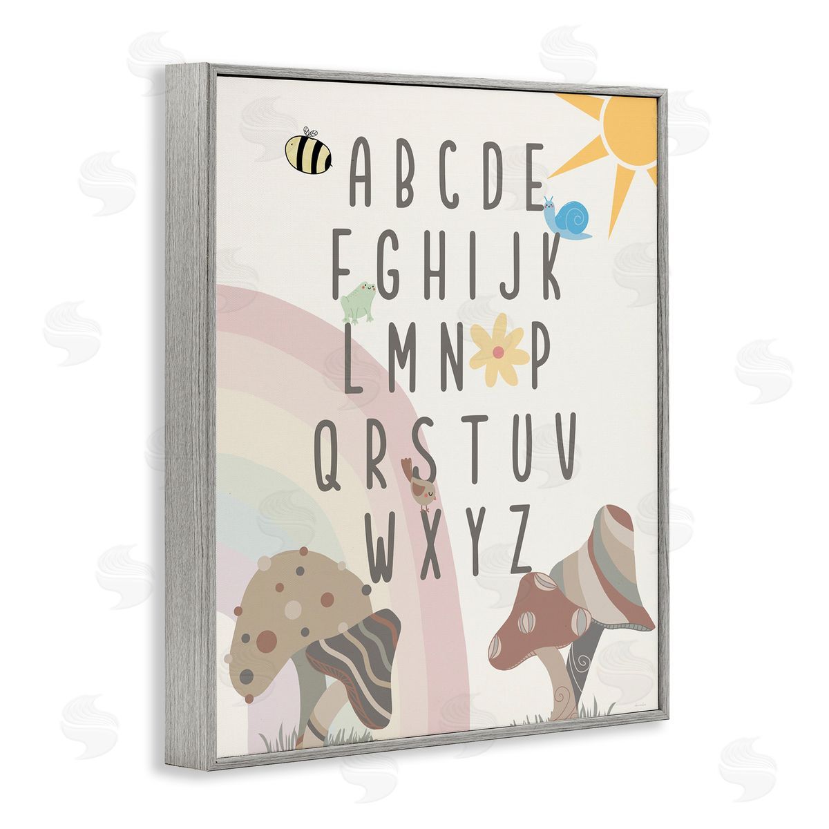 Neutral Mushrooms Alphabet Grey Frame Print Wall Art, Home Decor by Daniela Santiago